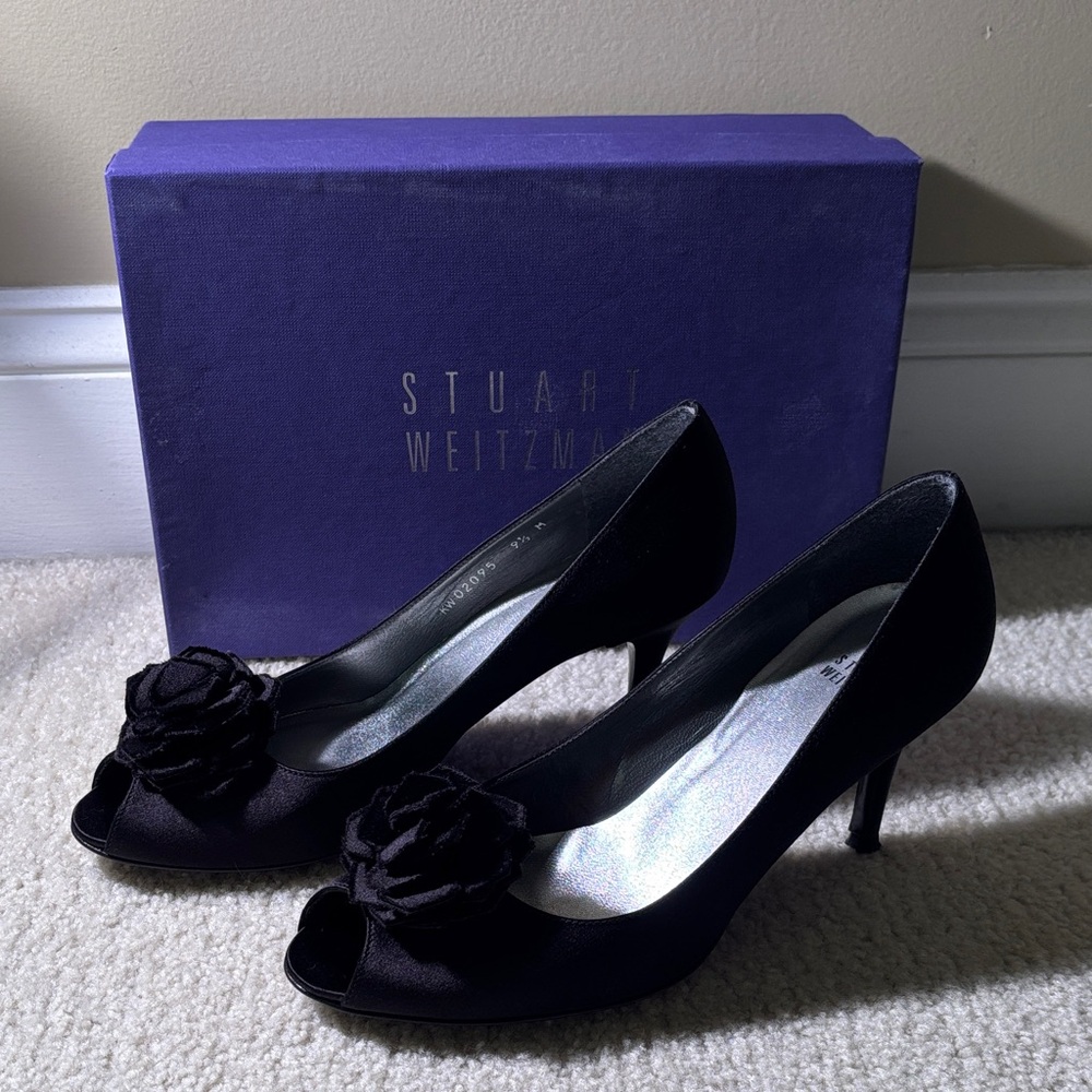 Stuart Weitzman Black Floral Peep-Toe Heels